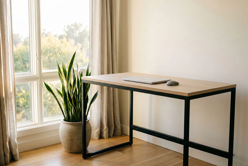 Modern ergonomic workspace setup with standing desk and natural lighting